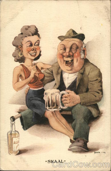 Skaal - man with peg leg propped on a bottle and a woman on his lap drinking