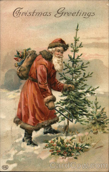 Christmas Greetings - Santa cutting a tree in the snow