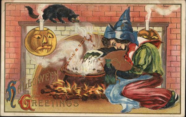 Halloween Greetings - witch in front of a fireplace with a cauldron, black cat and jack o lantern