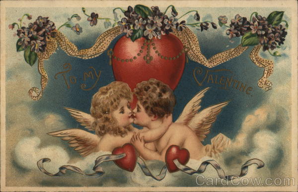 Cupids kissing in the clouds under a heart with garland