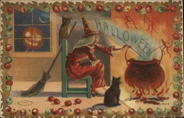 Halloween - Witch at a cauldron the fireplace with a black cat, a jack o lantern and devils