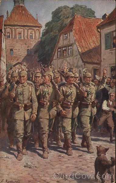Soldiers with Guns Marching Through Town World War I