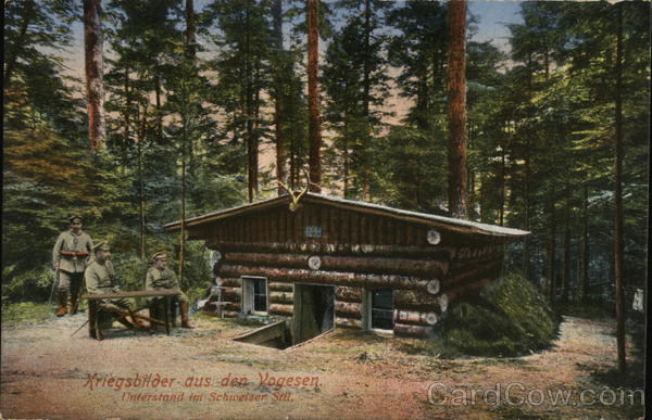 Krigsbilder aus den Yogesen - soldiers at a log cabin