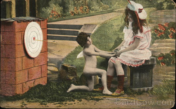 Cupid kneeling in front of a girl with an arrow in a bullseye
