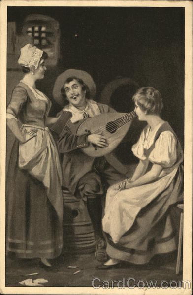 Girls listening to a man playing the lute Art