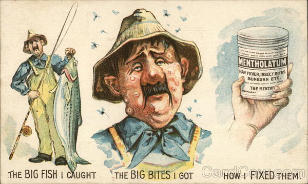 Mentholatum advertisement - fisherman with a fish and bug bites solved with mentholatum