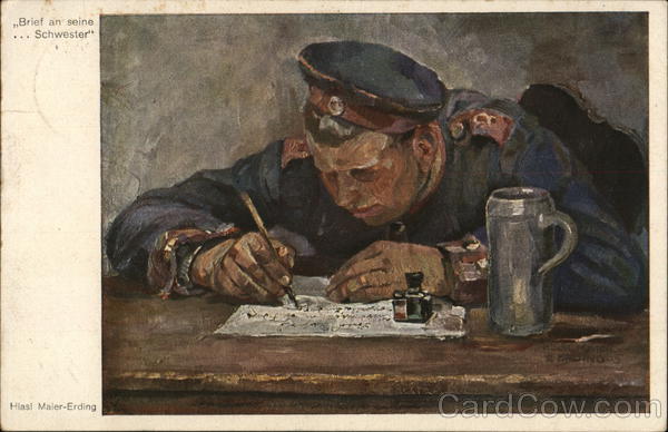 Man in Military Uniform Leaning Foward as He Writes With a Pen