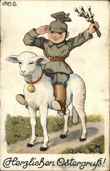 Herzlichen Ostergruss - boy in an army outfit riding a lamb and waving flowers