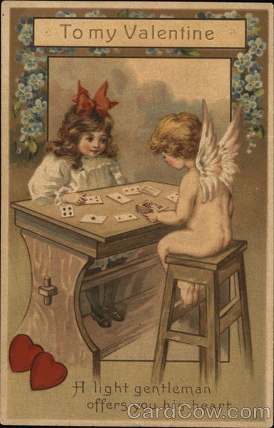 Little Girl and Cupid Playing Cards Children