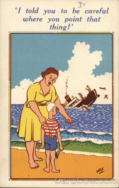 woman reprimanding a boy with a rifle while a ship sinks in the distance