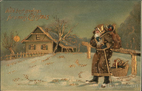 With best greetings for a Merry Christmas - Santa walking through the snow with toys