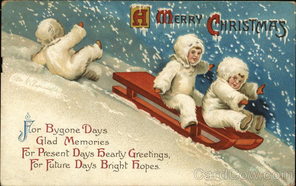 A Merry Christmas - children sledding, one falling off