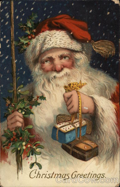Christmas Greetings - Santa holding gifts Santa Claus