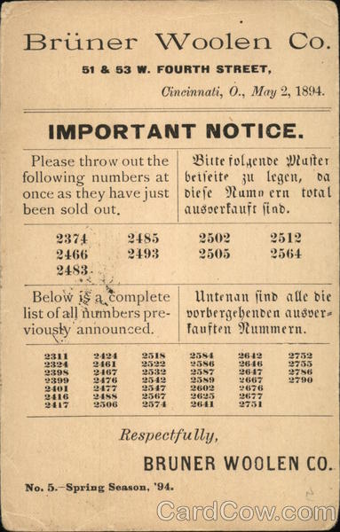 Bruner Woolen Company Advertising