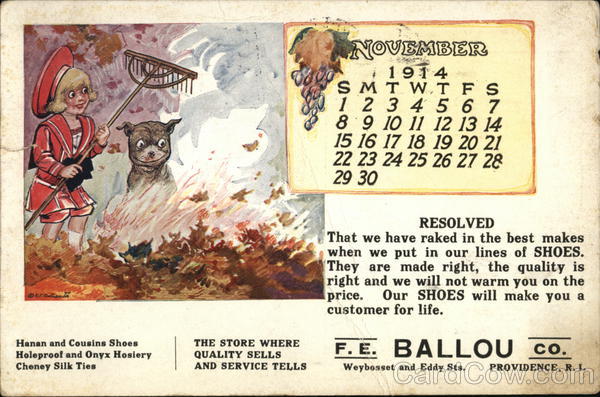 F. E. Ballou Co. Calendar - November 1914 Providence Rhode Island