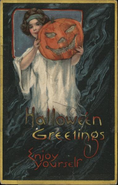 Halloween Greetings Enjoy Yourself - girl holding jack o lantern
