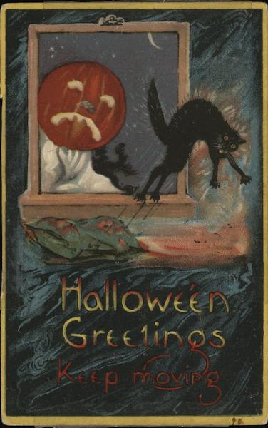 Halloween Greetings Keep Moving - jack o lantern looking at a black cat through the window