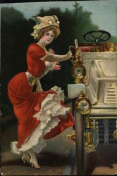 Woman in a red dress climbing into a roadster Women Postcard Postcard Postcard