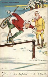 Man with Snow Shoes Falling Over A Wooden Bar Skiing Postcard Postcard Postcard