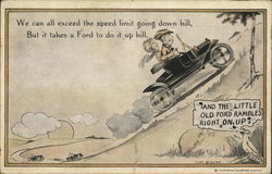 Couple in Ford car speeding uphill - And the little old ford rambles right on up Postcard