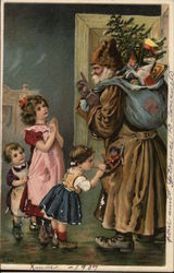 Santa Claus with toys and a tree shushing children Postcard