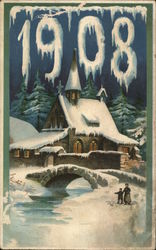 1908 - house across a river with snow everywhere Postcard