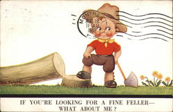 If you're looking for a fine feller - what about me? boy felling a tree with an ax Logging Postcard Postcard Postcard