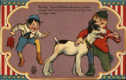 Dog Being Fed Candy by One Boy While Another Sneaks Up With Firecrackers in Hand Postcard