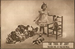 The trial by jry Fido broke dolly, but judge have mercy - girl with dog, broken doll, and dolls The trial by jry Fido broke dolly, but judge have mercy - girl with dog, broken doll, and dolls