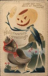 Halloween Greetings - Jack O Lantern greeting a hooting bonnetted owl Halloween Greetings - Jack O Lantern greeting a hooting bonnetted owl