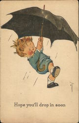 Hope you'll drop in soon - Boy Haning from Umbrella Postcard