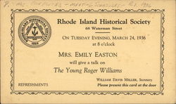 Invitation to a speech about the Young Roger Williams by Mrs, Emily Easton Postcard