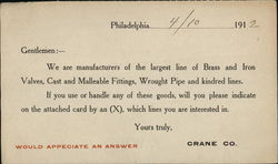 Crane Company -  Brass & Iron Valves, Pipes Postcard