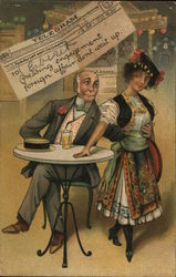 Man in Gray Suit with Arm Around Colorfully Dressed Waitress Man in Gray Suit with Arm Around Colorfully Dressed Waitress