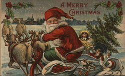 Santa on Sled Steering Reindeer as Children Watch Santa on Sled Steering Reindeer as Children Watch