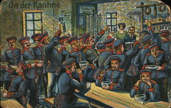 Soldiers Dressed in Blue Uniforms at a Tavern Postcard