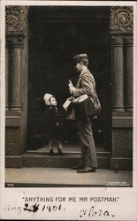 Anything for me Mr Postman - child accepting mail from postman Postcard