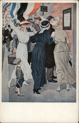 Group of People Reading a Public Notice, One Woman in White Waving Postcard