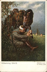 Soldier with Bandaged Head Helping Applying a Bandage to His Horse's Hoof Postcard