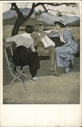 Soldier on Bench With a Woman on Either Side Postcard