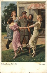 Girls Dancing Around German Soldier Postcard