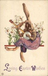 Brown Easter Bunny Playing Banjo Near White Flowers Brown Easter Bunny Playing Banjo Near White Flowers