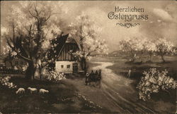 Herzlichen Ostergruss - springtime at home scene Postcard