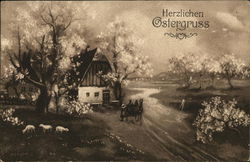 Herzlichen Ostergruss - springtime at home scene Flowers Postcard Postcard Postcard