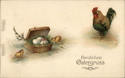 Herzlichen Ostergruss - chicks and rooster with basket of eggs Herzlichen Ostergruss - chicks and rooster with basket of eggs
