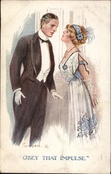 Young Woman and Young Man Dressed Up Leaning Toward Each Other Young Woman and Young Man Dressed Up Leaning Toward Each Other