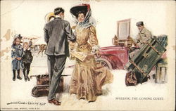 Woman in Dress and Hat is Greeted by a Suited Man as She Arrives with Trunk Postcard