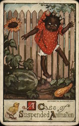 A case of suspended animation - girl stuck on a fence trying to get a watermelon Black Americana Postcard Postcard Postcard