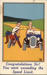 Man on a motorcycle shaking the hand of a man in a roadster Postcard