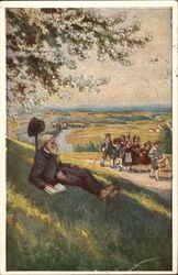 Group of Children Walking By Older Man with Book on Grassy Hill Postcard